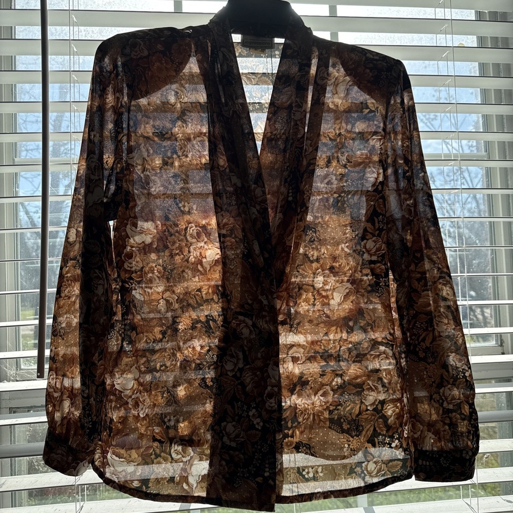 Vtg Impressions California Double-Breasted Blazer Cardigan Floral‎ Sheer Blouse
